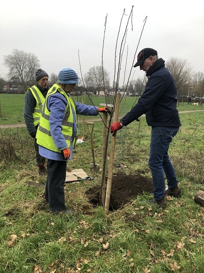 Liz and Ben planting a tree